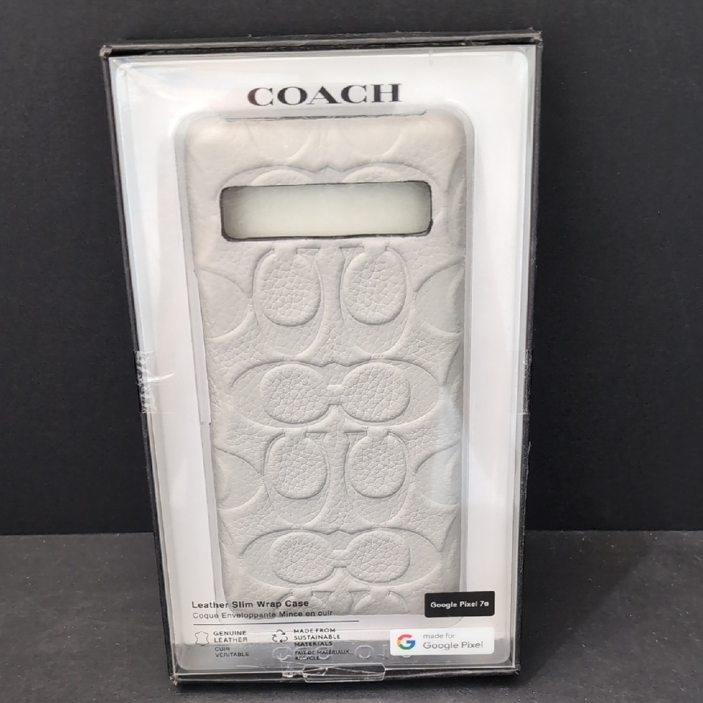 New In Box Coach Leather Light Gray Slim Wrap Google Pixel 7A Phone Case.